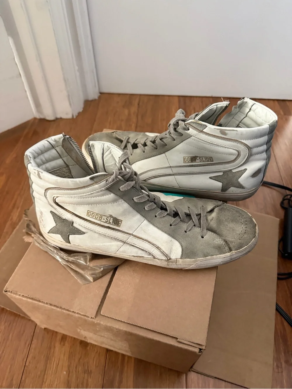 Golden Goose White and Gray Slide Mid-Top Sneakers